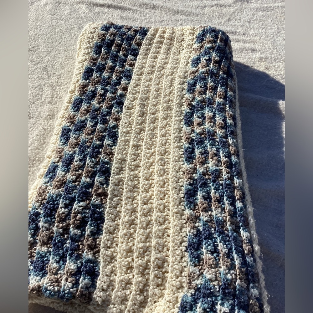 Throw Blanket in Blues Browns & Cream Cozy Handmade Afghan Larger 69"x55"